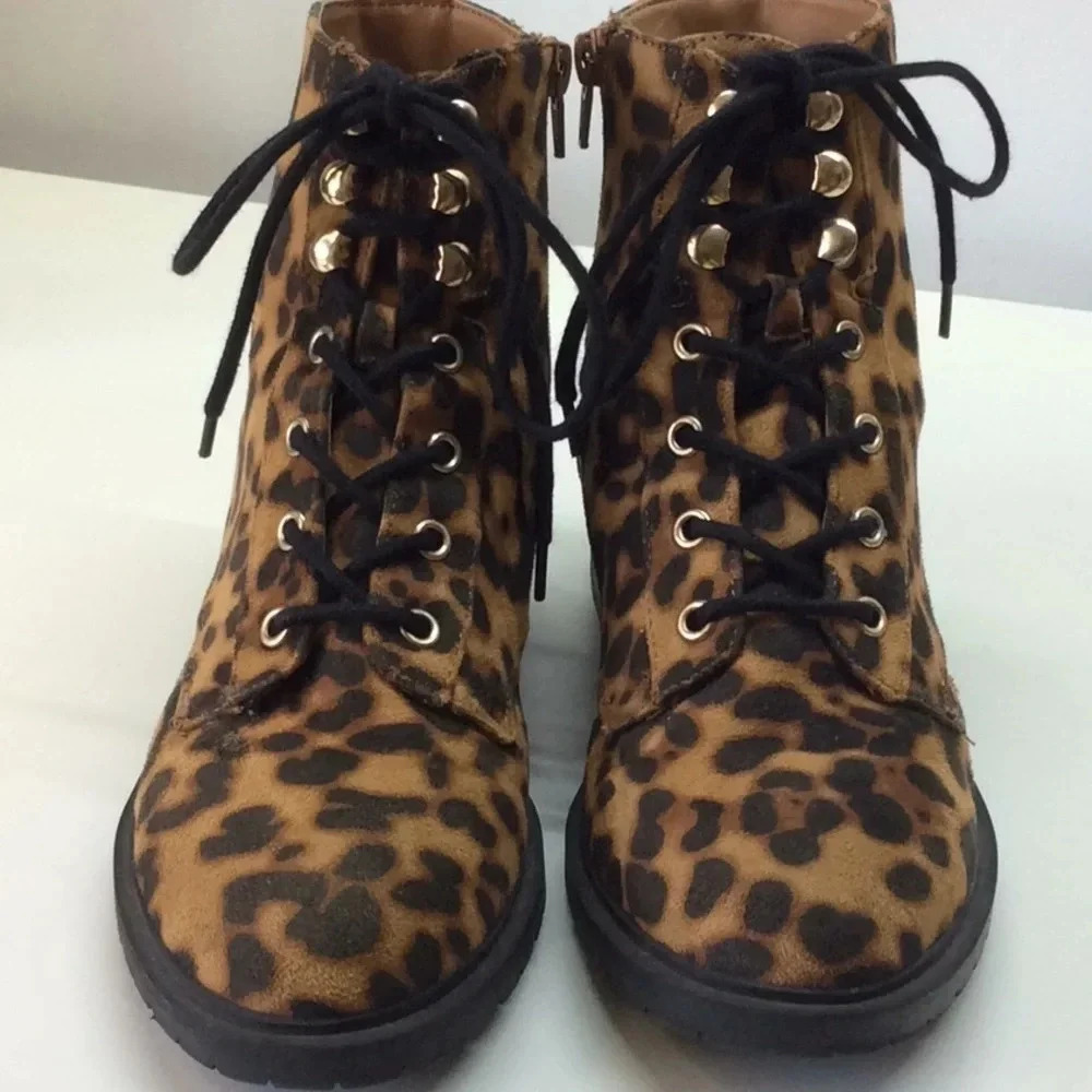 Leopard Print Lace Up Combat Boots with Gold Studs
